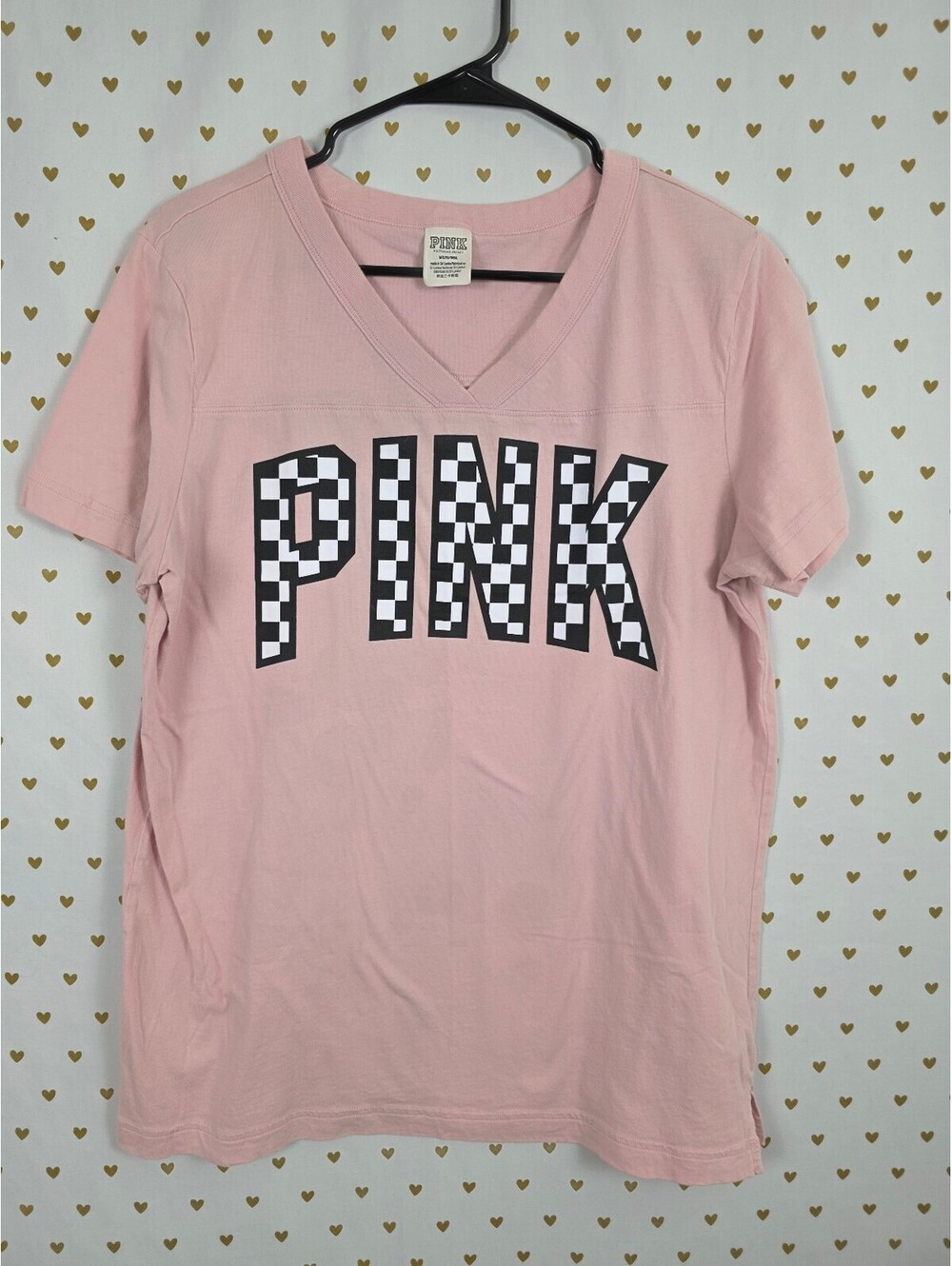 Victorias Secret PINK Checkered Logo OVersized V neck Tee shirt Medium